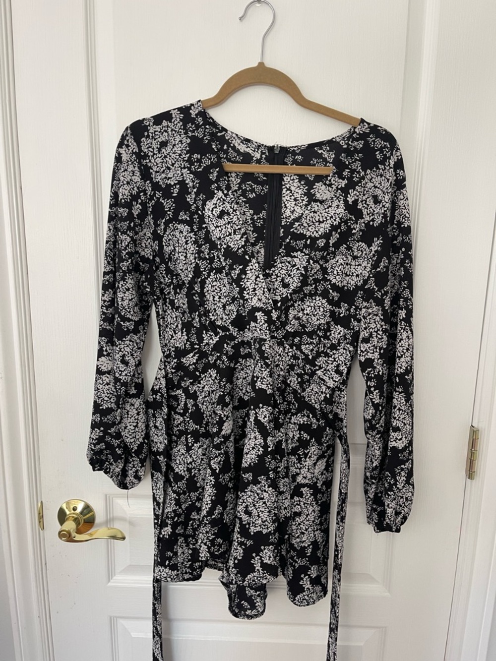 Black and White Floral Long-Sleeve Romper